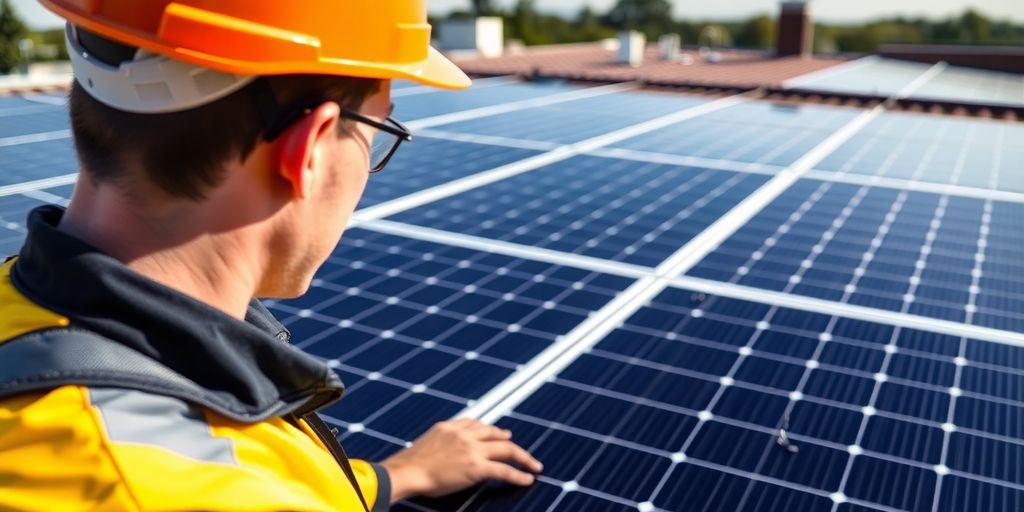 Panneaux solaires sur un toit, chantier avec ouvrier.