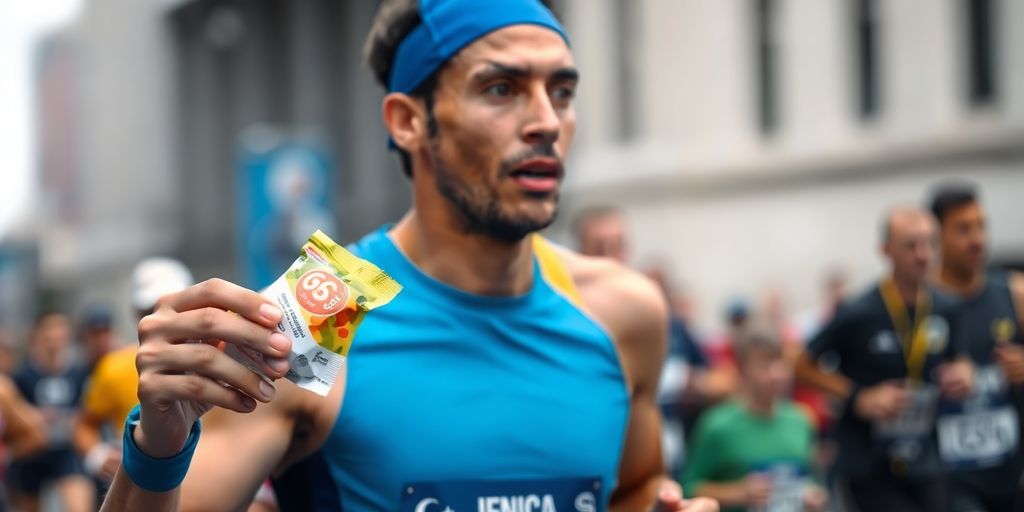 Runner grabbing energy gel during a marathon.