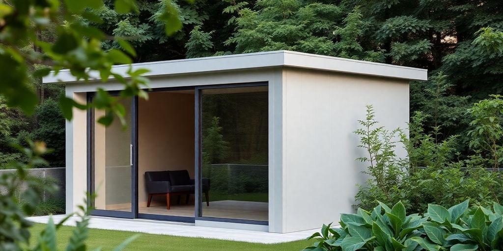 Modern minimalist garden shed in a lush green setting.