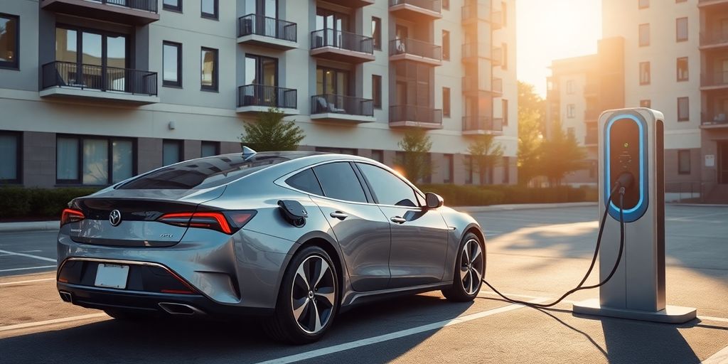 Electric car charging at an apartment complex.
