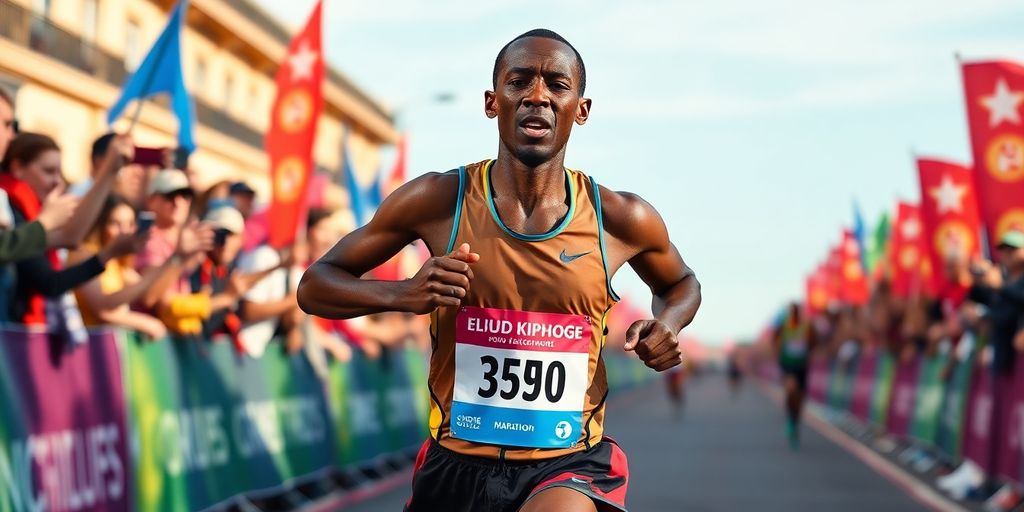 Eliud Kipchoge finishing a marathon with determination.