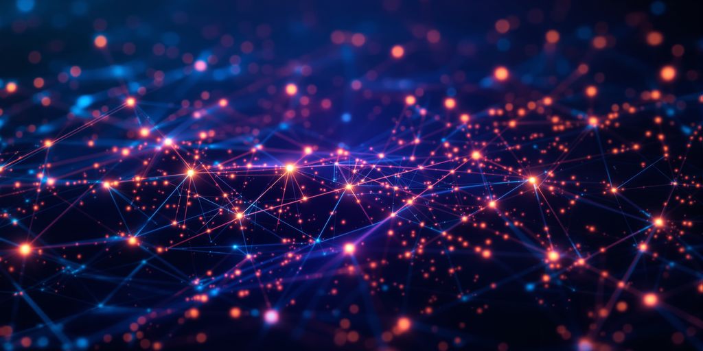 Interconnected blockchain networks with flowing light bridges.