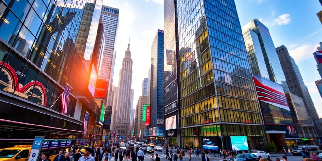 Zona financeira com arranha-céus e movimento de investidores.