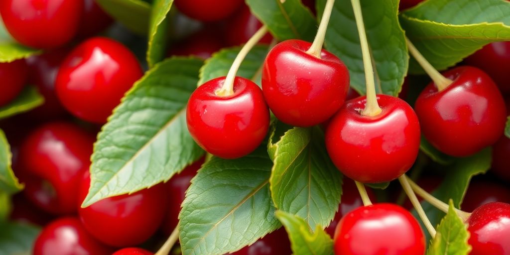 Acerola cerejas frescas com folhas verdes ao fundo.
