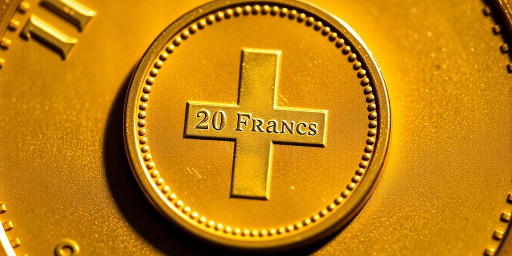 Gros plan d'une pièce d'or Suisse 20 Francs Cruz Suisse.