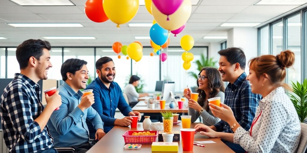 Colleagues enjoying a fun and lively office celebration.