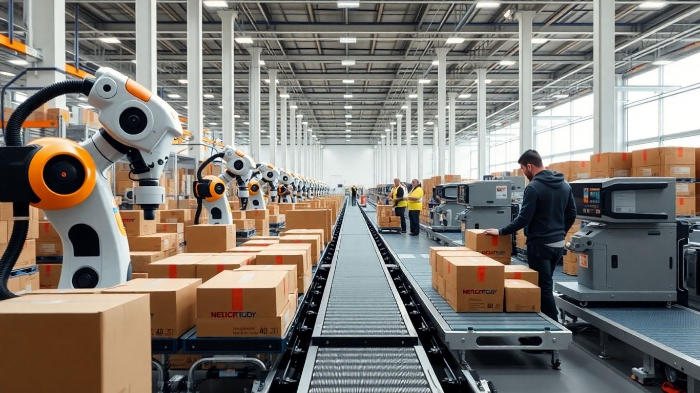 Robots and workers in a modern grocery warehouse