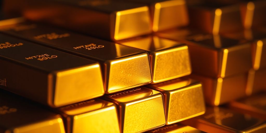 Lingots d'or brillants sous un éclairage doré.