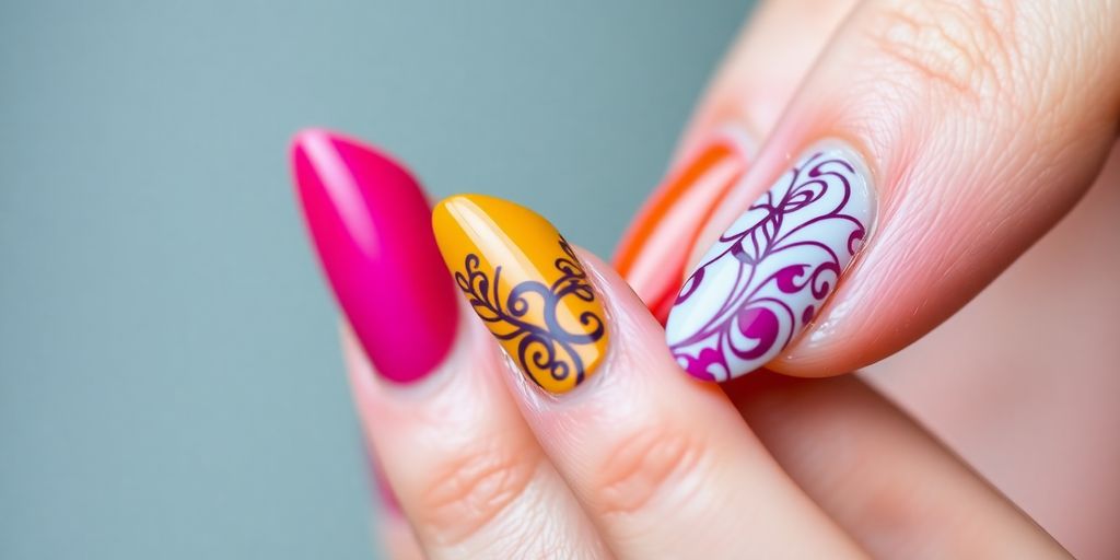 Unhas grandes e coloridas com designs elaborados.