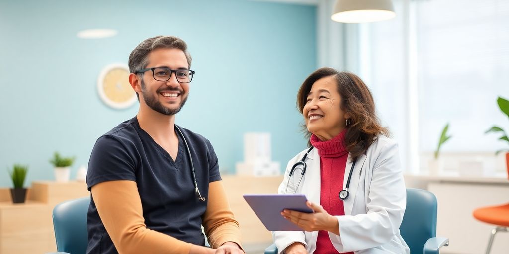 Médico conversando com paciente em clínica moderna.