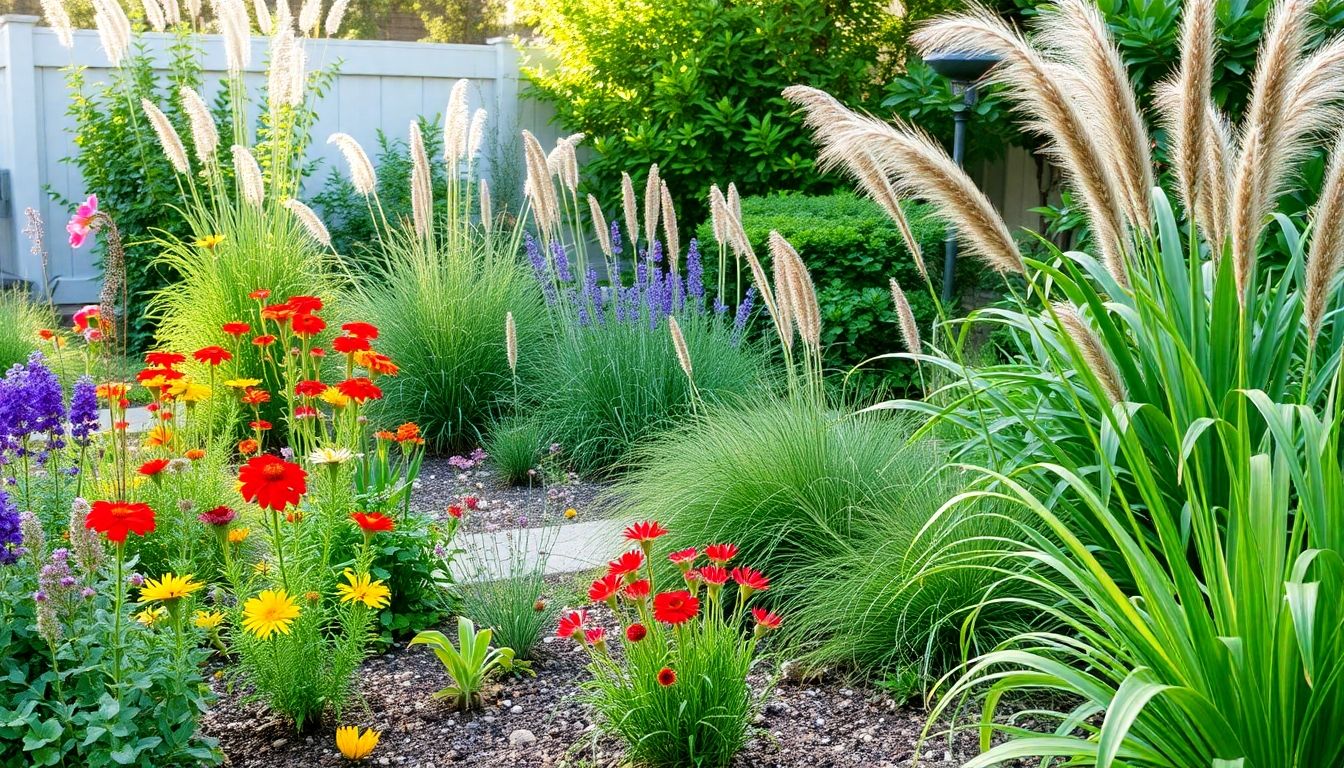 Low-maintenance garden with vibrant flowers and greenery.