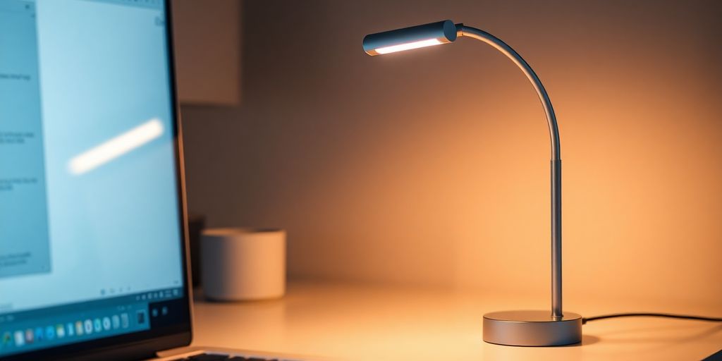 Luminária USB portátil sobre mesa com laptop.