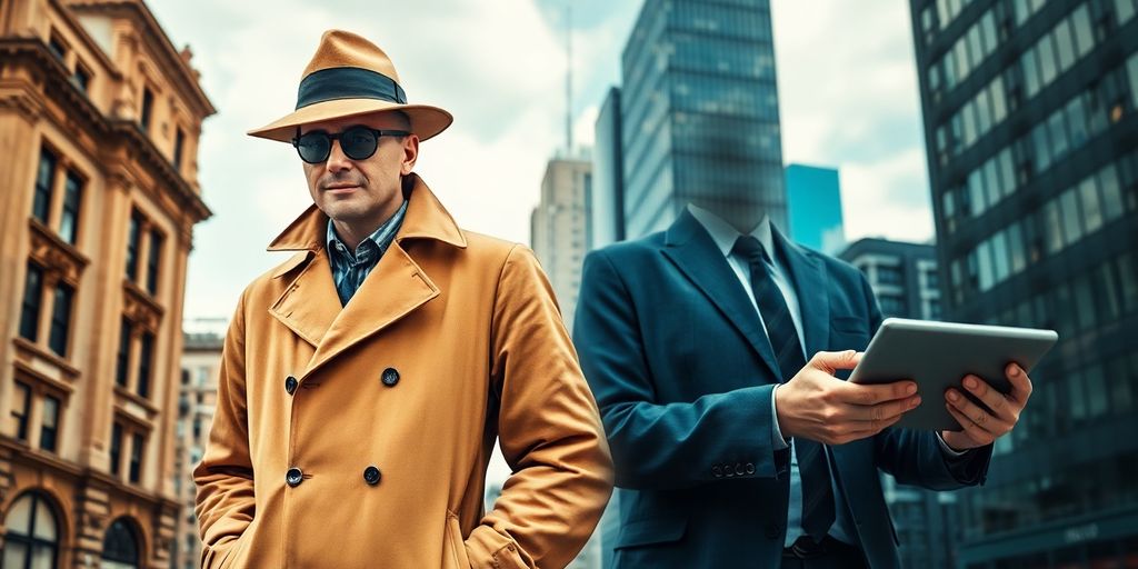 A vintage and modern private investigator side by side.