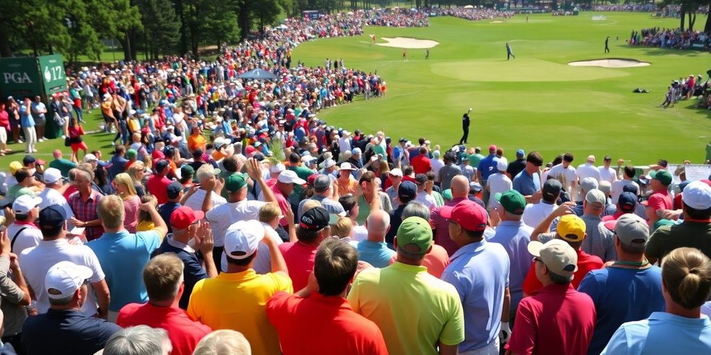Crowd enjoying a PGA Tour event with golfers in action.