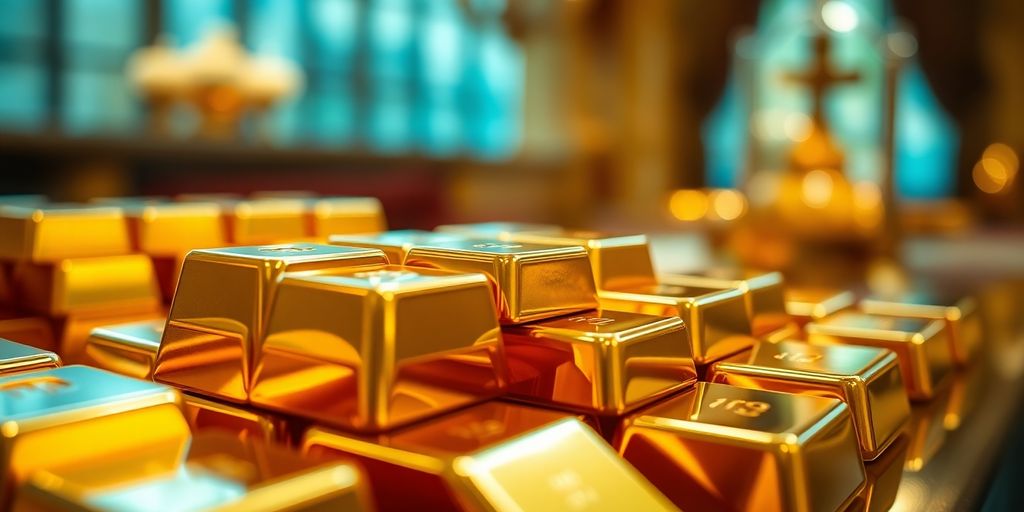 Des barres d'or empilées dans un cadre luxueux.
