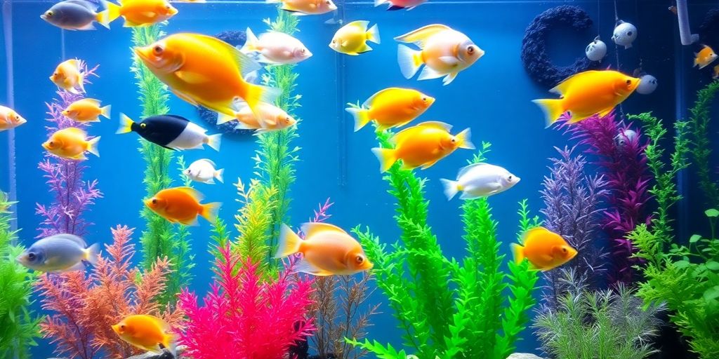 Peces de acuario coloridos nadando entre plantas y decoraciones.