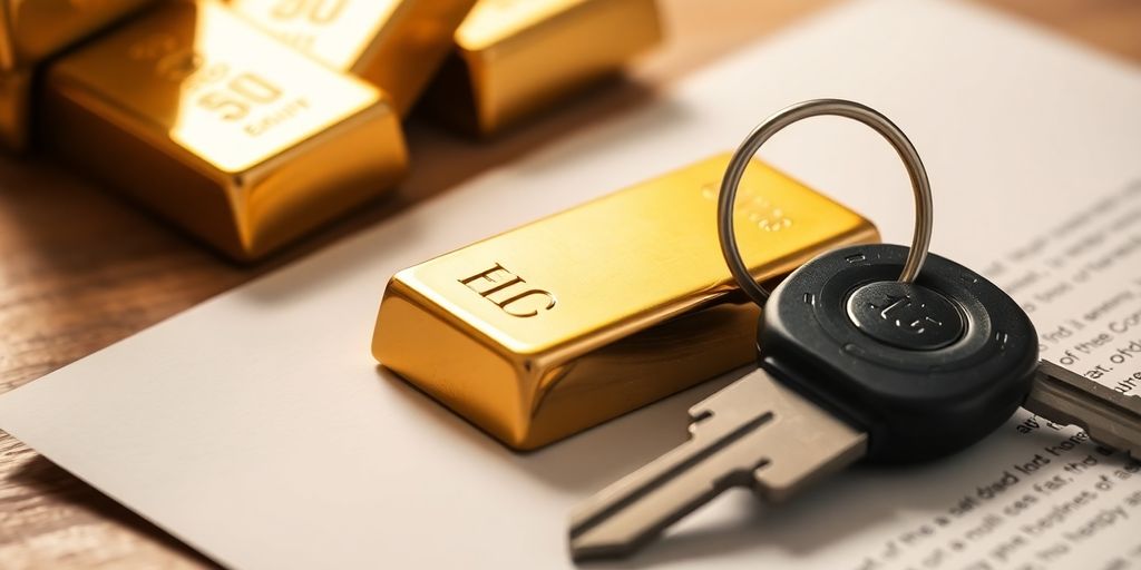 Lingots d'or et clé sur un contrat d'assurance
