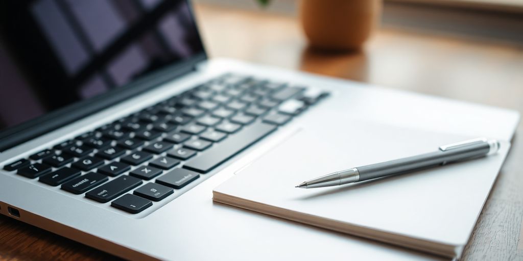Laptop and notepad for SEO content writing.