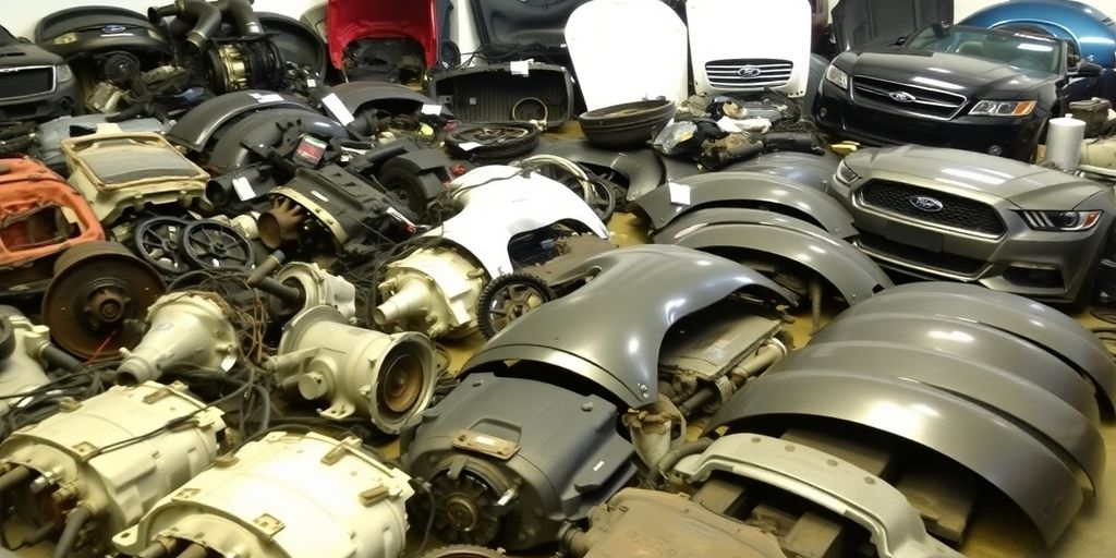 Used Ford car parts laid out.