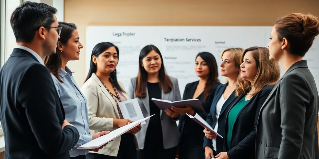 Diverse interpreters collaborating in a legal setting.