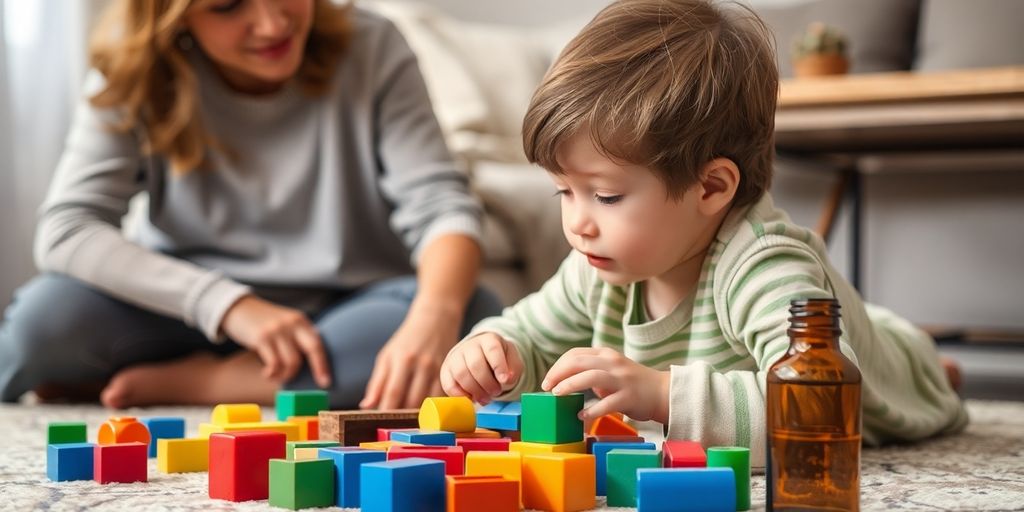 Child playing, adult watching, medicine bottle nearby.
