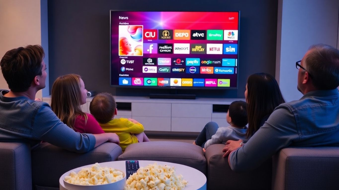 Famille regardant la télévision avec une interface IPTV lumineuse