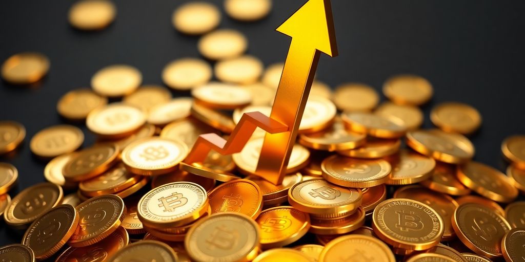 Golden coins with a soaring arrow.