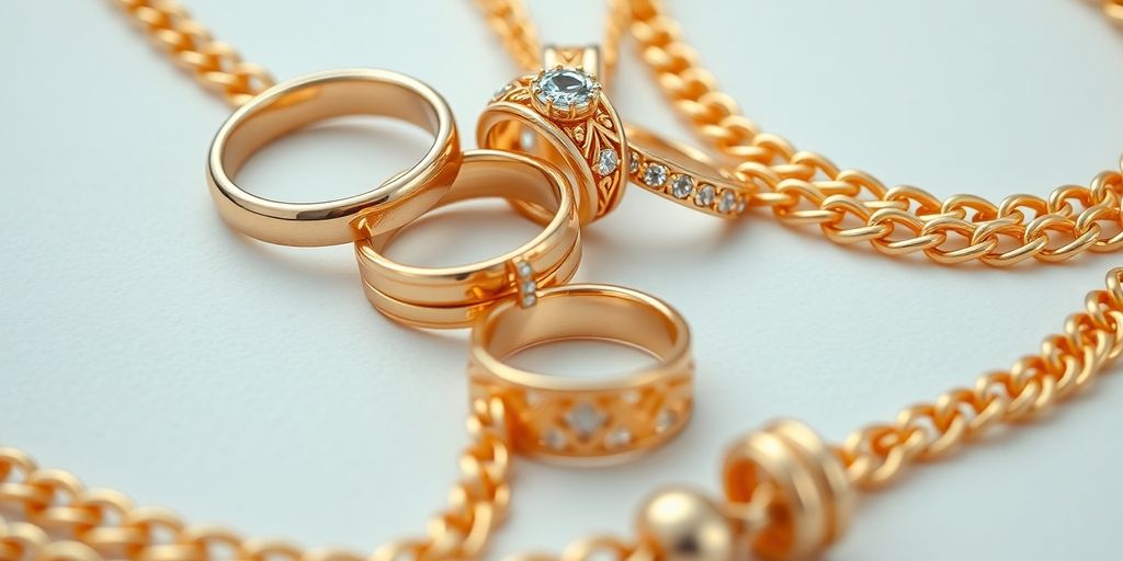 Bijoux en or éclatants sur un fond neutre.