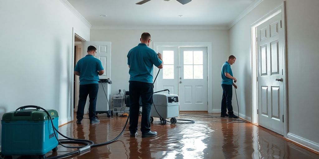 Restoration team repairing water damage in a flooded home.