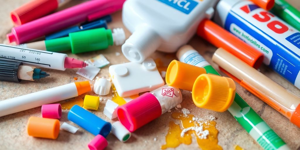 Fournitures scolaires dangereuses empilées.