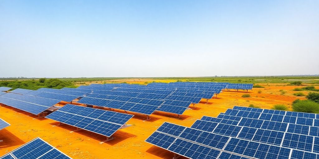 Panneaux solaires dans un paysage africain verdoyant.