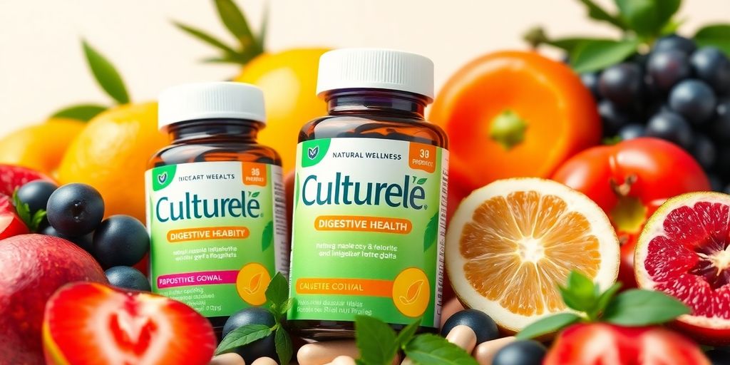 Culturelle probiotics with fresh fruits and herbs on a table.