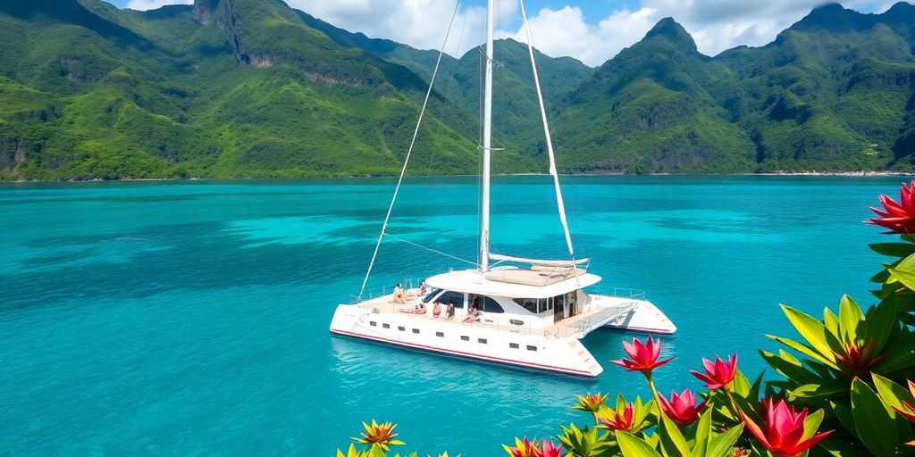 Katamaran auf klarem Wasser in der Nähe der üppigen Berge von Tahiti.