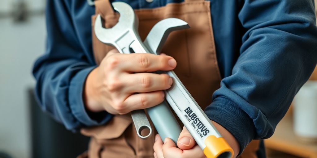 Plumber with tools, smiling.