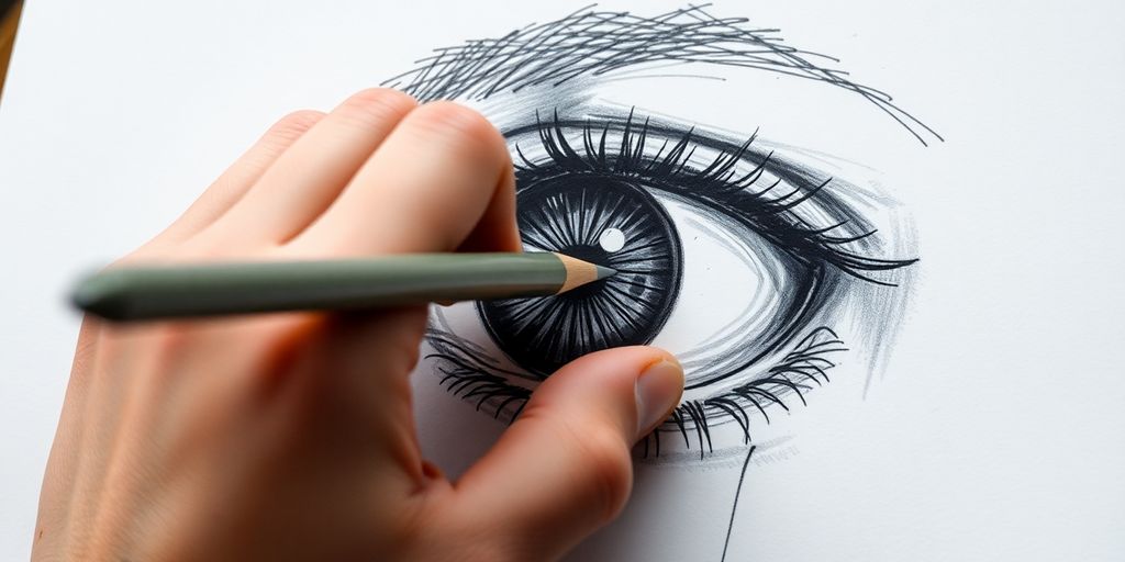Artist drawing expressive eyes on paper.
