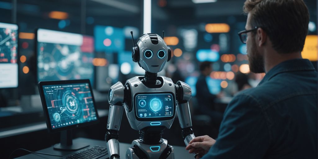 Chatbot assisting customer on futuristic digital screen.