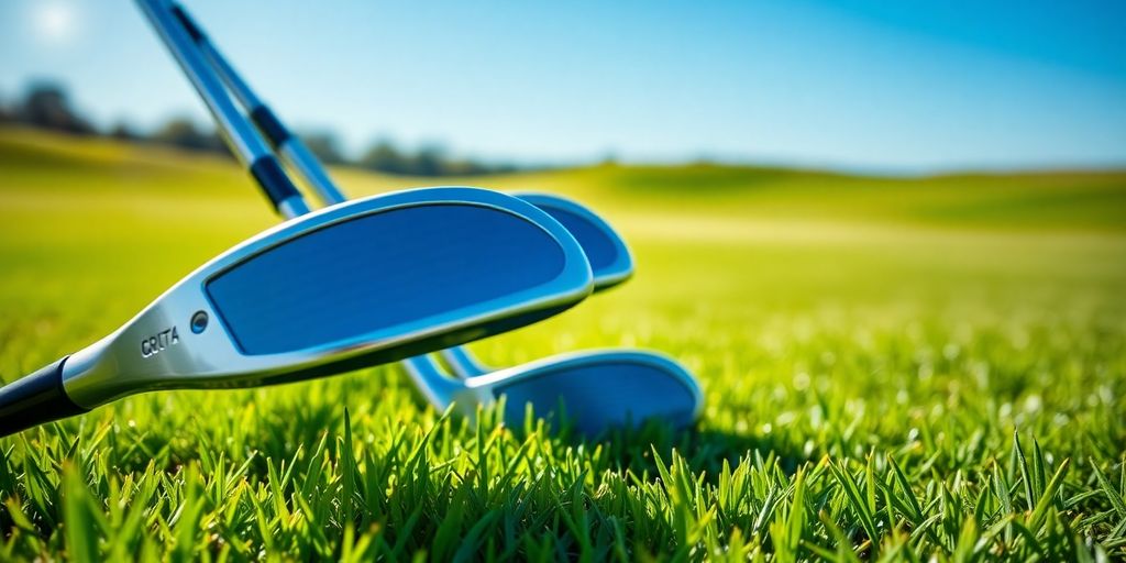 New golf clubs on a green course.
