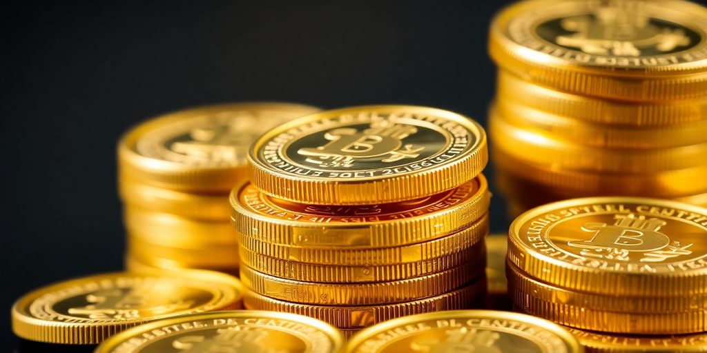 Pièces d'or brillantes empilées sur un fond flou.