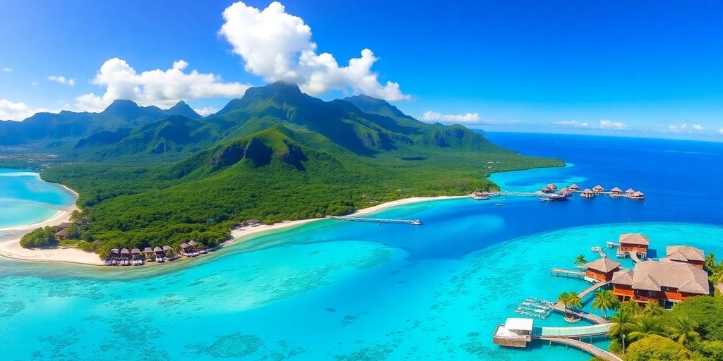 Blick auf türkisfarbenes Wasser und Überwasser-Bungalows in Bora Bora.