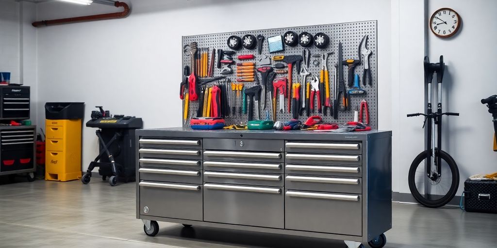 Modern garage tool storage chest with organized tools.