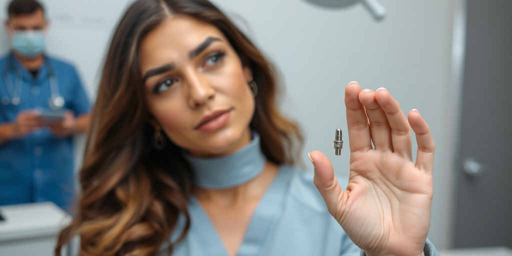 Woman holding implant with doctor in background