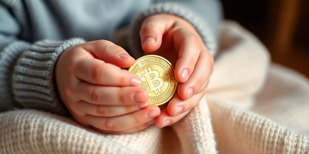 Enfant tenant une pièce d'or brillante.