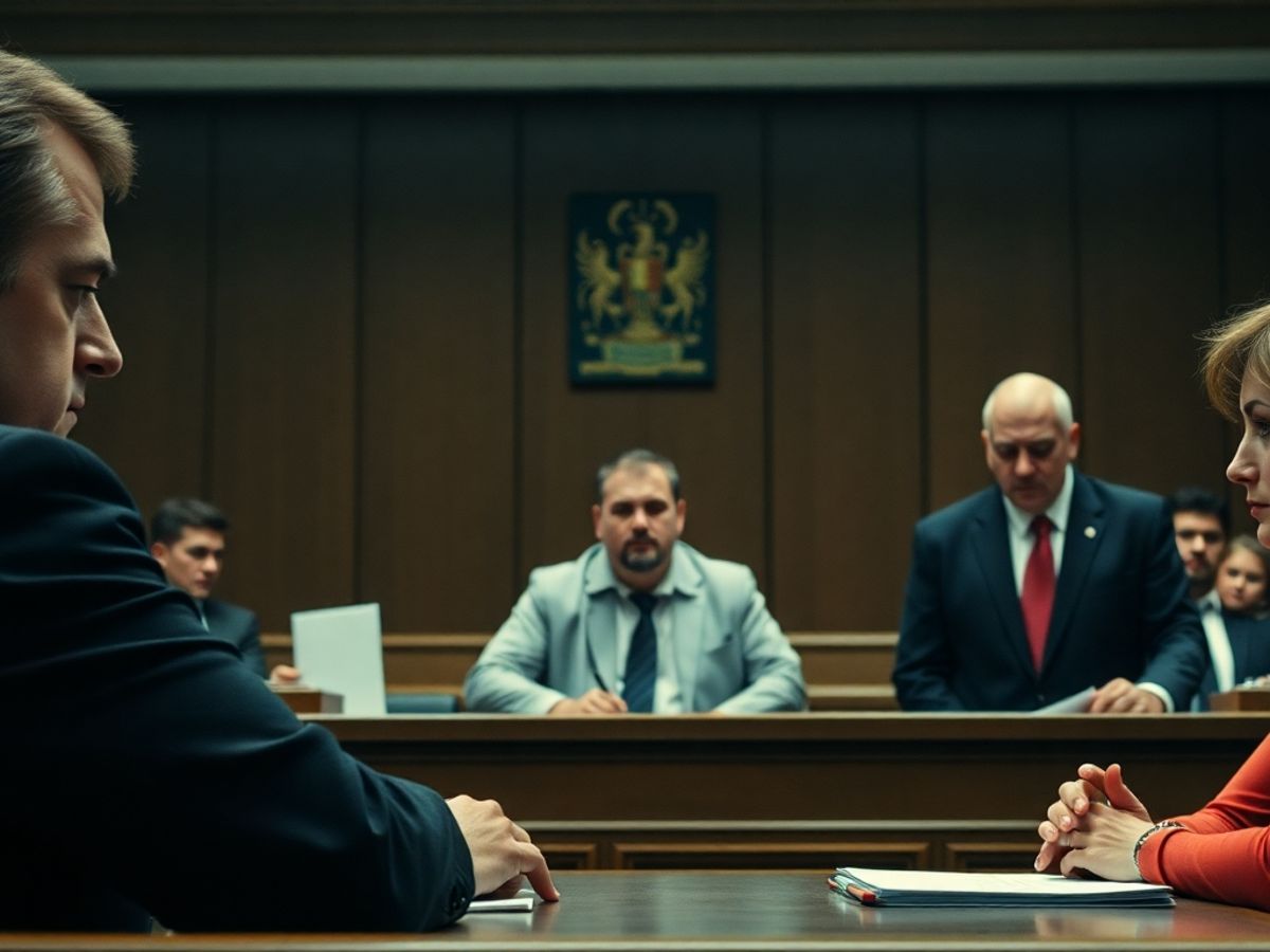 Scenă de tribunal cu judecător și avocați.