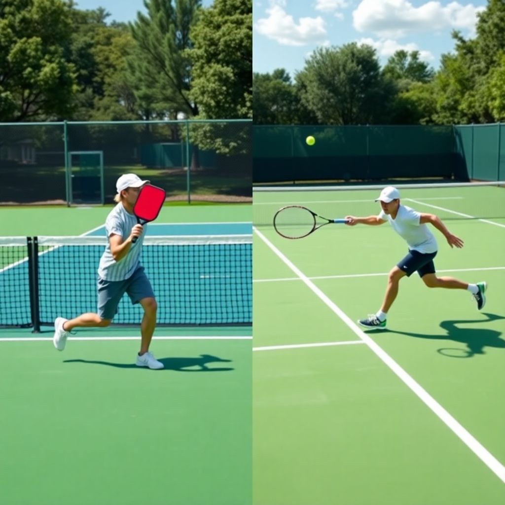 Pickleball and tennis players in mid-action on adjacent sunny courts