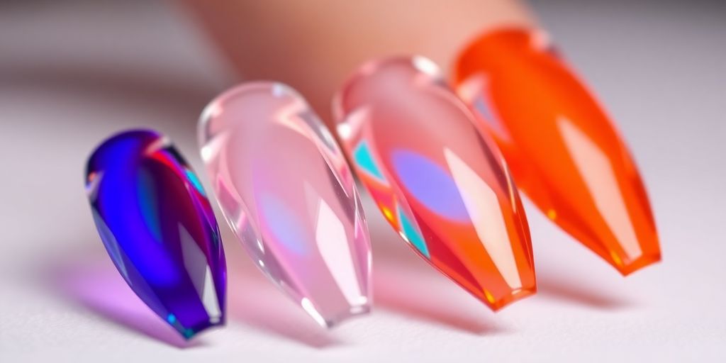 Unhas de fibra de vidro brilhantes e bem cuidadas.