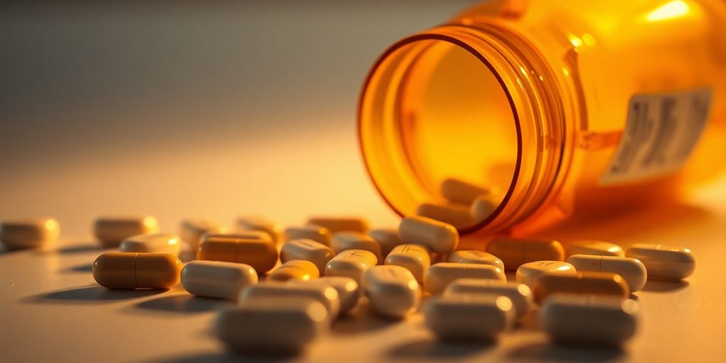 Pill bottle and scattered pills on a surface.