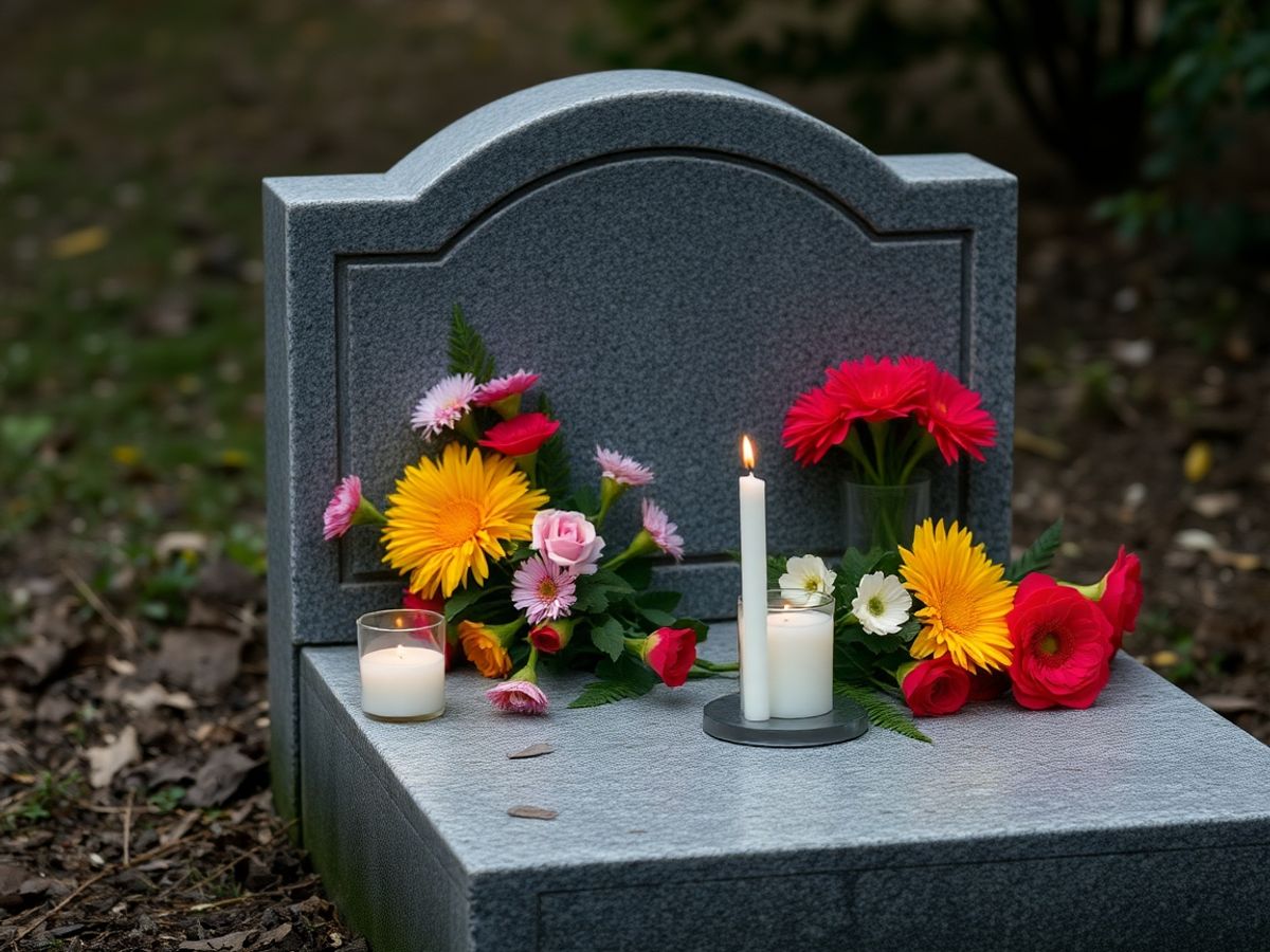 Piatră funerară cu flori proaspete și lumânări aprinse.