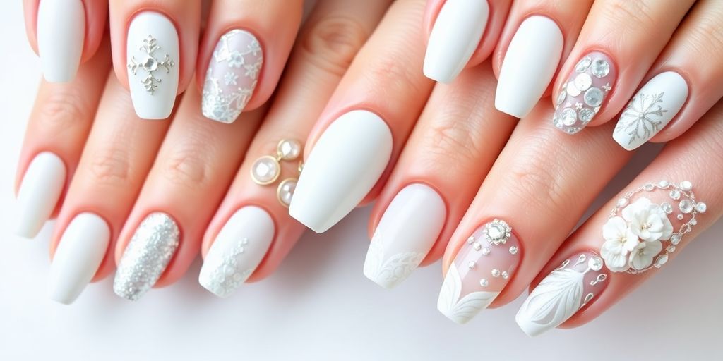 Unhas decoradas brancas com padrões criativos e elegantes.