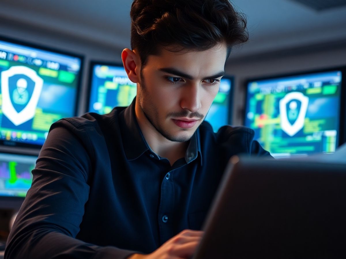 Focused individual studying cybersecurity materials with devices.