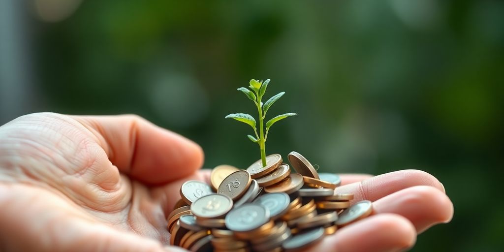Hand holding a sprouting plant from coins.